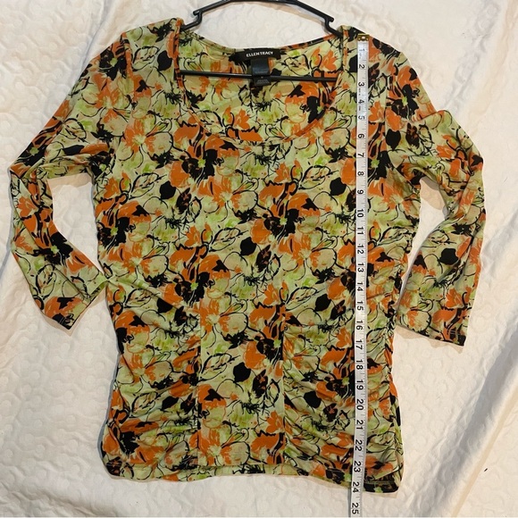 Ellen Tracy Silk Blend Blouse Women’s Medium Floral Print Yellow/Green Ruched - Picture 7 of 8